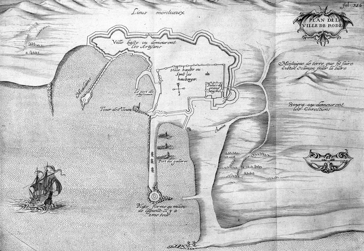 Plano de Rodas (Rodos) - en “Viaje del Levante hecho por orden del rey en el año 1621”, editado en 1629 (bajo el reinado de Luis XIII El Justo) de Unknown artist