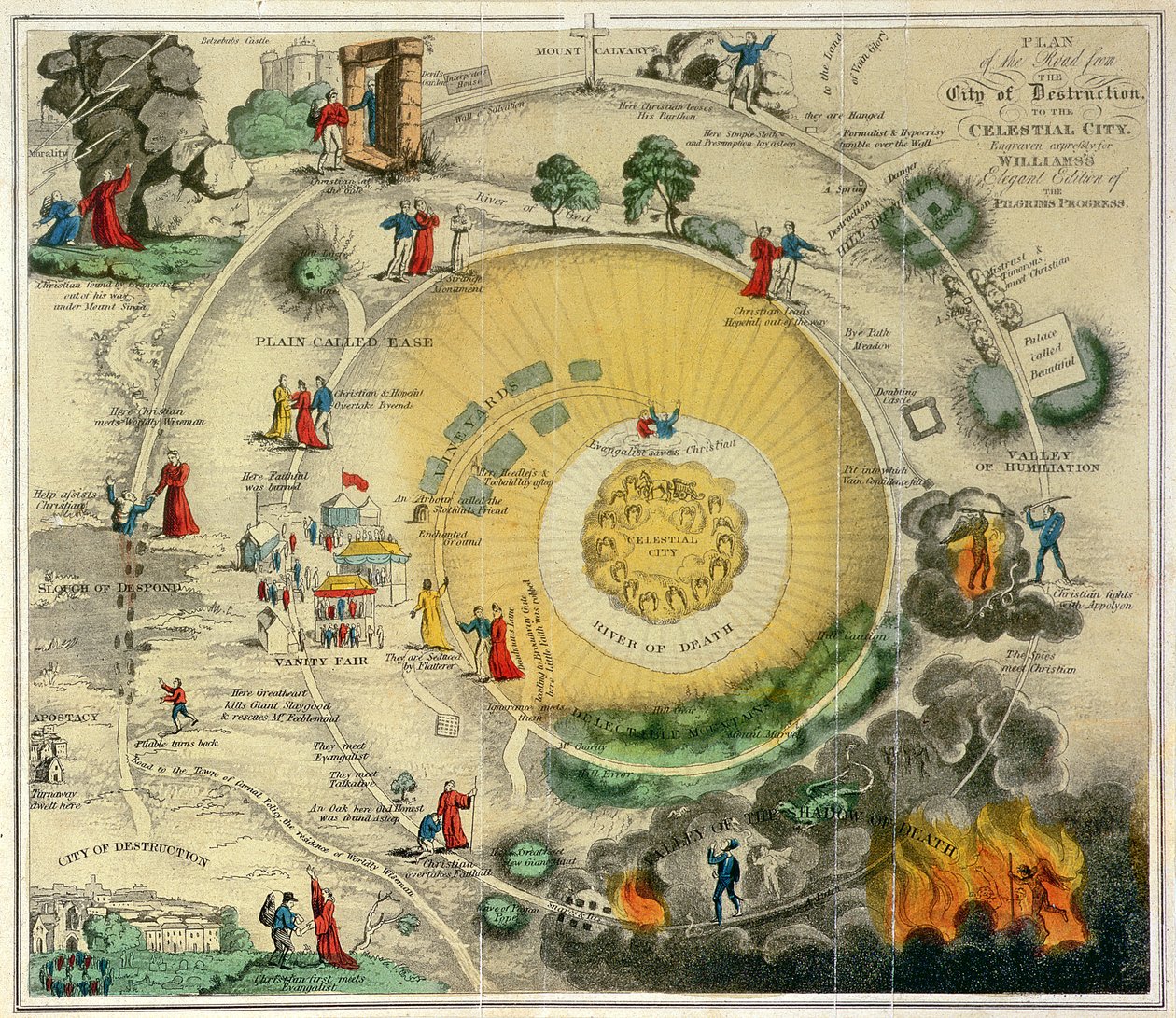 "Plano del camino de la Ciudad de la Destrucción a la Ciudad Celestial, grabado expresamente para la Edición Elegante de Williams de El Progreso del Peregrino". de Unknown artist
