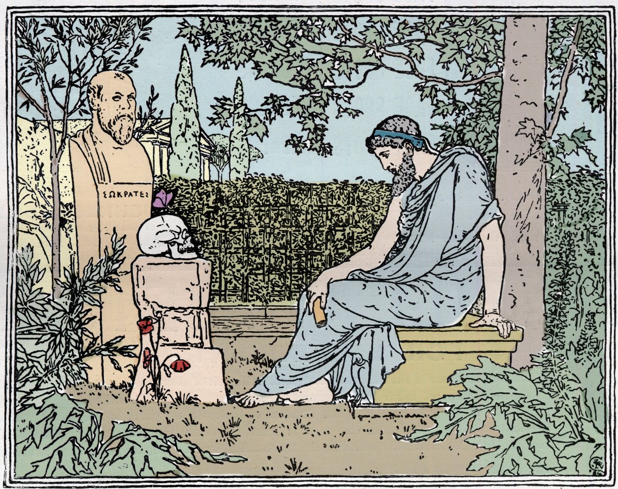 Platón meditando sobre la inmortalidad ante Sócrates, la mariposa, el cráneo y la amapola alrededor del 400 a.C. - grabado del siglo XIX de Unknown artist