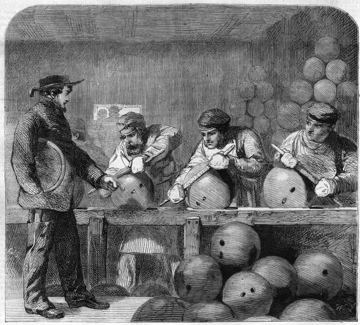 Taller de pulido de la fundición de bombas en Woolwich Arsenal, suburbios de Londres, Inglaterra. Grabado en “L