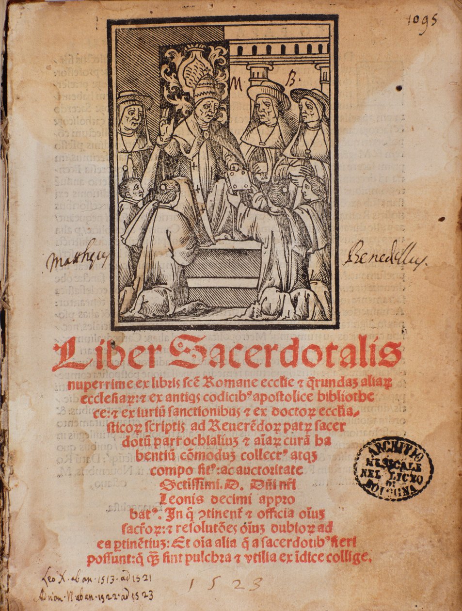 El Papa León X recibe el libro Frontispicio del libro litúrgico “Liber Sacerdotalis” de Castellini de Unknown artist