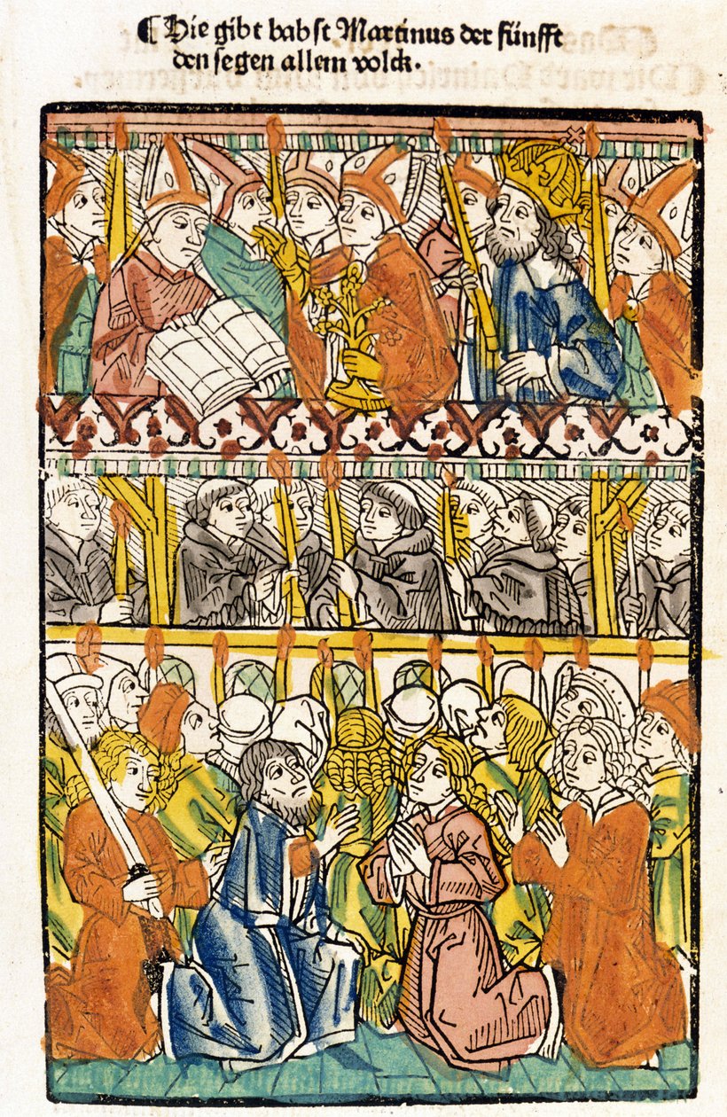 El Papa Martín V (1368 - 1431) elegido en el Concilio de Constanza (1417) poniendo fin al gran cisma de Occidente realiza la bendición. "Das concilium" de Unknown artist