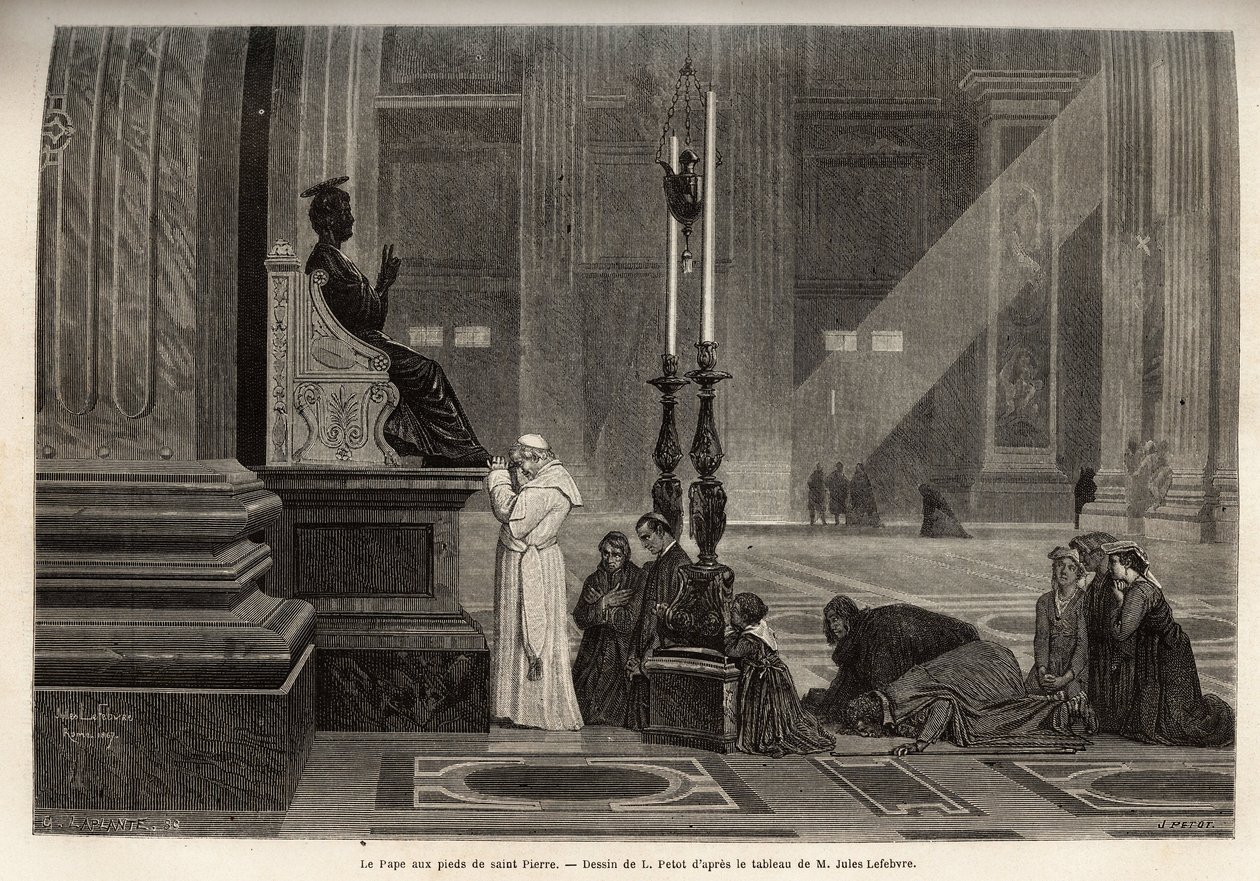 El Papa Pío IX (pio 9) (1792-1878) recogido al pie de la estatua de San Pedro, en la entrada de la Basílica, en el Vaticano. Grabado para ilustrar la historia de Roma, por Francis Wey, en 1864-1868, publicado en “le tour du monde”, editado por D