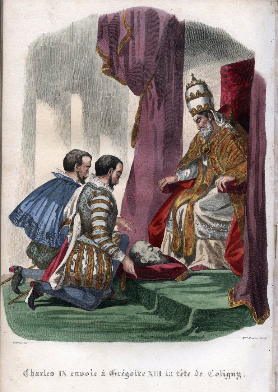 El Papa Gregorio XIII (1502-1585) recibe la cabeza de Gaspard de Coligny (1519-1572), asesinado en la masacre del Día de San Bartolomé en 1572, como regalo del Rey Carlos IX de Francia (1550-1574). de Unknown artist