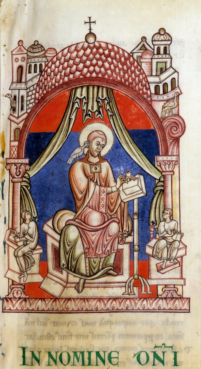 Papa San Gregorio I el Grande (540-604) rodeado por dos secretarios. Es representado escribiendo con una paloma en el hombro, símbolo del Espíritu Santo. Miniatura de las cartas de San Gregorio de Unknown artist