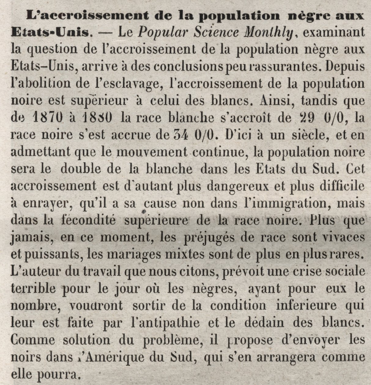 El crecimiento de la población en los Estados Unidos: comentario racista en el libro según un artículo en Popular Science Monthly. Preocupado por el aumento de la población negra estadounidense y la alta tasa de natalidad y desea remediarlo expulsándolos.. de Unknown artist