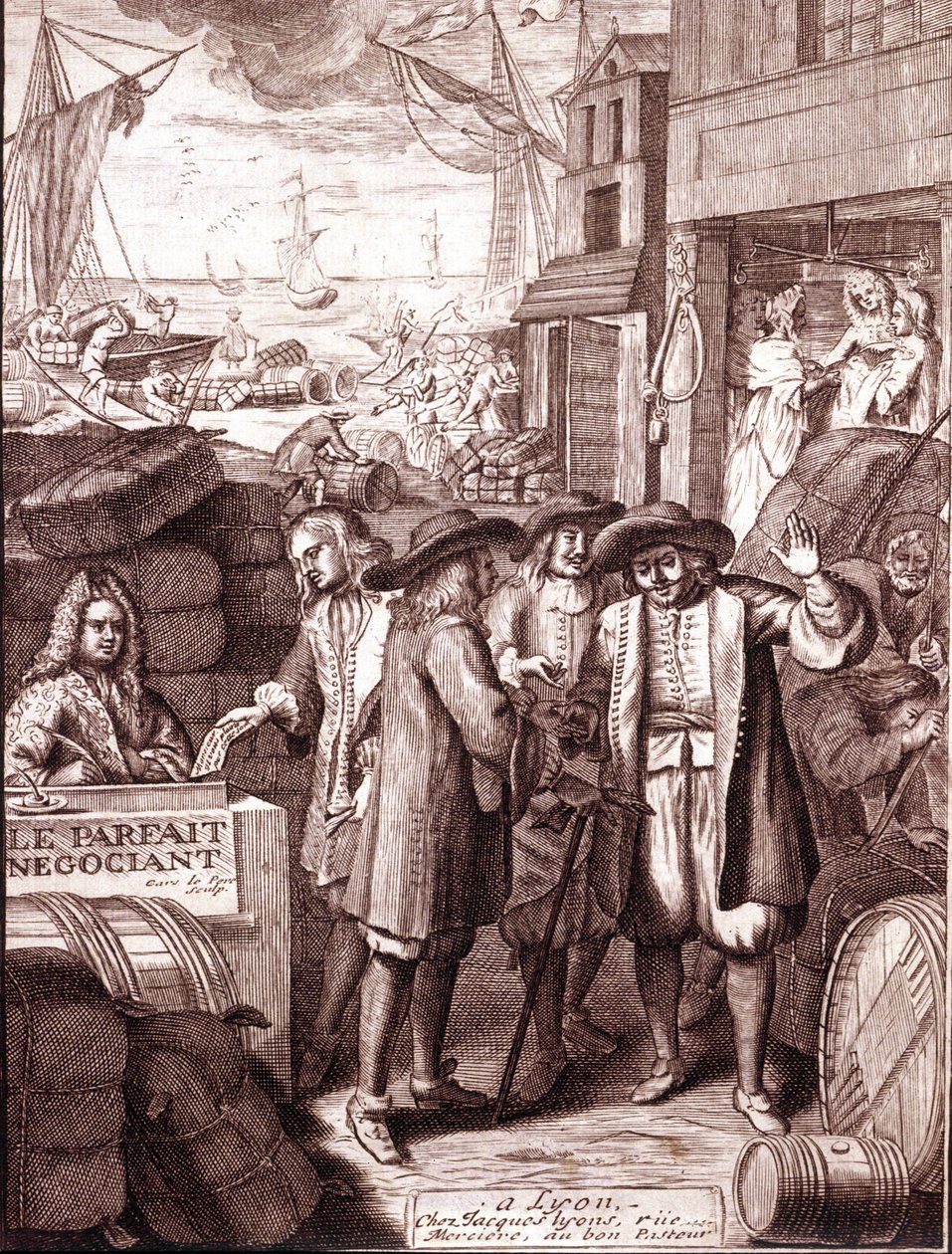 Comerciantes del puerto hablando entre ellos. Grabado del siglo XIX. de Unknown artist