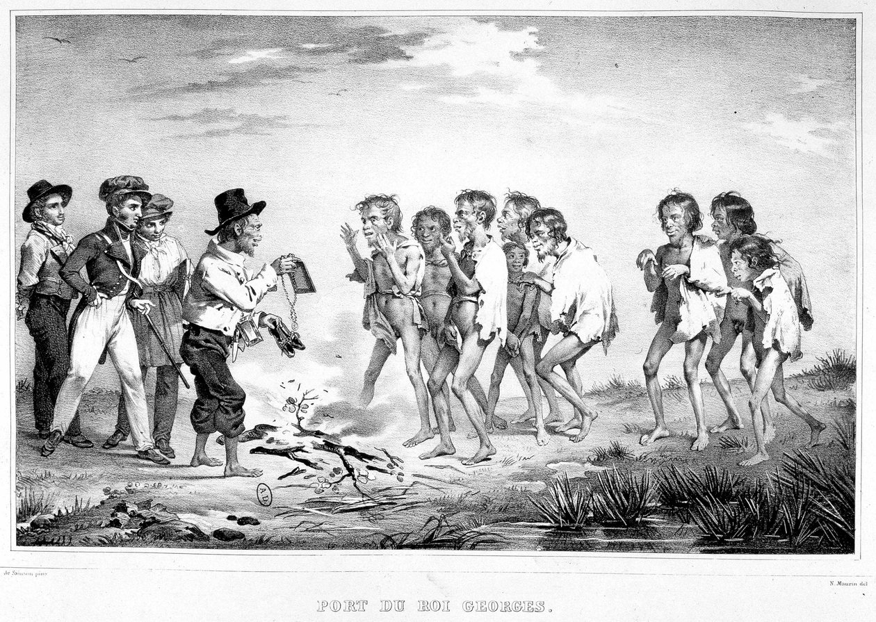 Puerto de King George, Nueva Holanda: Un nativo muestra a sus compañeros los regalos que recibió en el borde del Australabe de Unknown artist