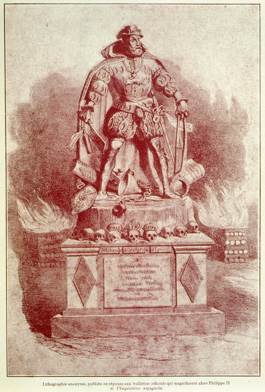 Retrato-carga de Felipe II sobre la Inquisición Española - grabado de Unknown artist