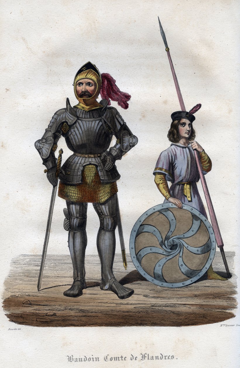 Retrato de Balduino I, Conde de Flandes (830s-879), también conocido como Balduino Brazo de Hierro. (Baudouin I, Conde de Flandes, también conocido como el Brazo de Hierro o el Bueno). Grabado de 1842 en “Histoire des popes” de Maurice Lachatre. Colección  de Unknown artist