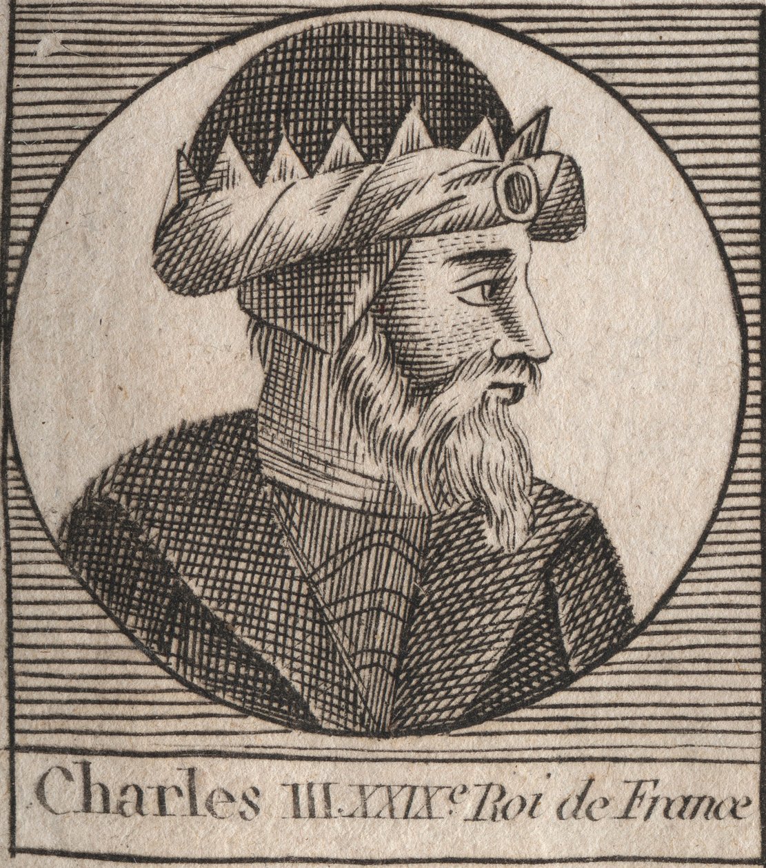 Retrato de Carlos III llamado el Simple (879-929) rey de los Francos - grabado de “Instruction sur l