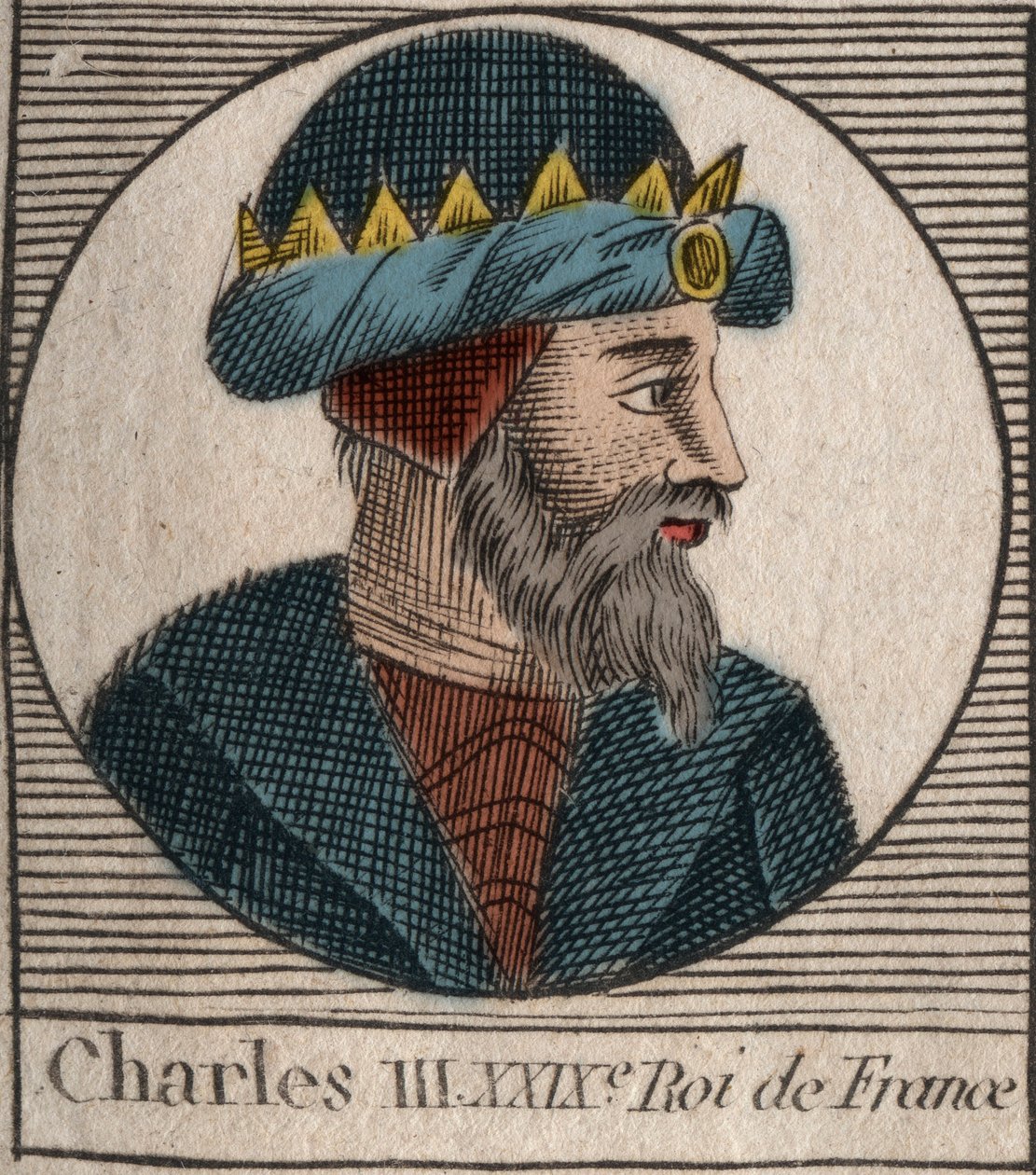Retrato de Carlos III llamado el Simple (879-929) rey de los Francos - Carlos III (879-929) - Carlos el Simple - Rey de Francia, 893-923 - Grabado de “Instrucción sobre la Historia de Francia” por Charles Constant Le Tellier 1821 de Unknown artist