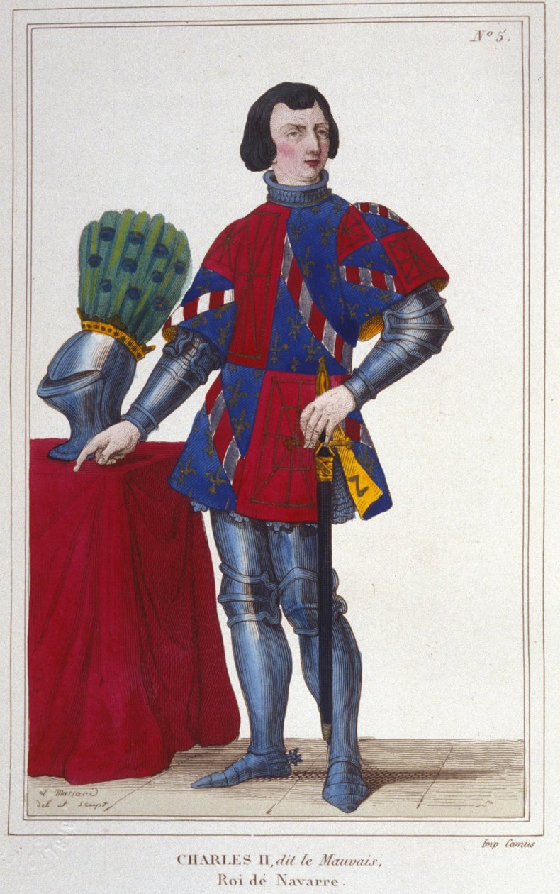 Retrato de Carlos II el Malo (1332 - 1387). Rey de Navarra - España de 1349 a 1387 (grabado de 1830) de Unknown artist