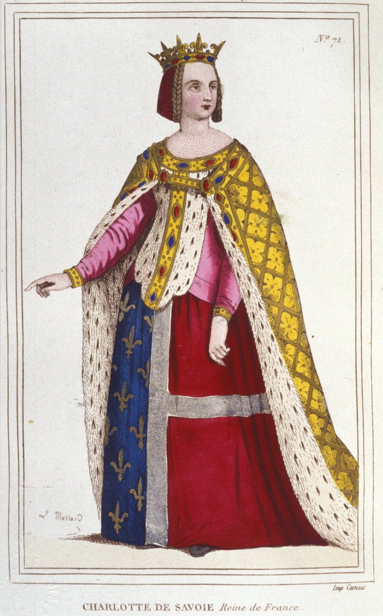 Retrato de Charlotte de Savoy 1445 -1483 Reina de Francia de 1461 a 1483 Esposa de Luis XI (El Prudente) en 1451 grabado de 1830 de Unknown artist