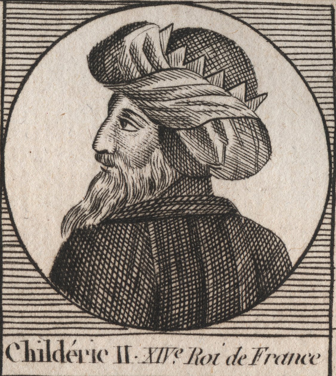 Retrato de Childerico II, Rey de los Francos de 670 a 673 - Childerico II (655-675) Rey merovingio de Francia y Austrasia - grabado de “Instruction sur l