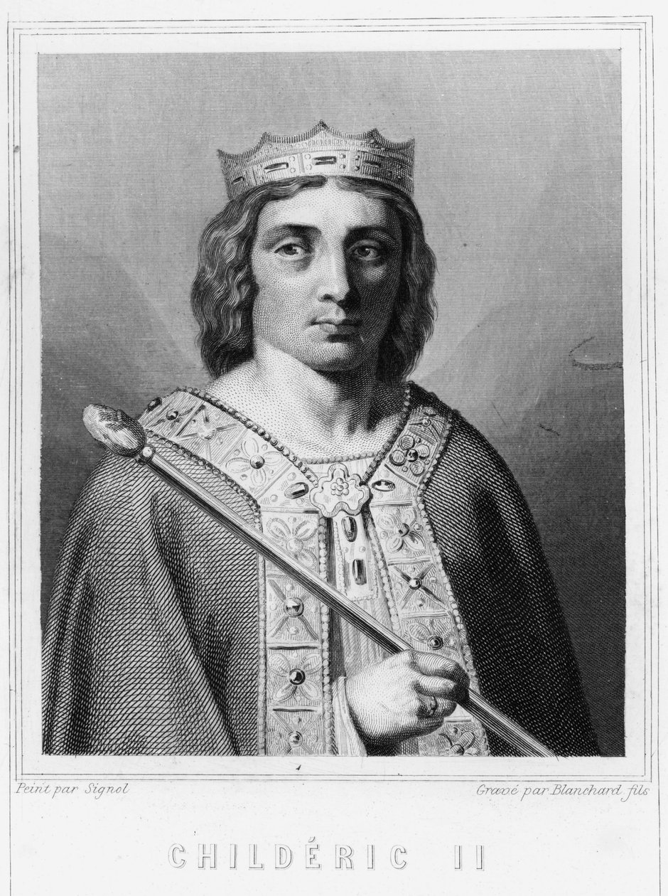 Retrato de Childéric II (v. 653 - 675), Rey de Austrasia - en "Histoire des Français" de Lavallée, grabado, sd de Unknown artist