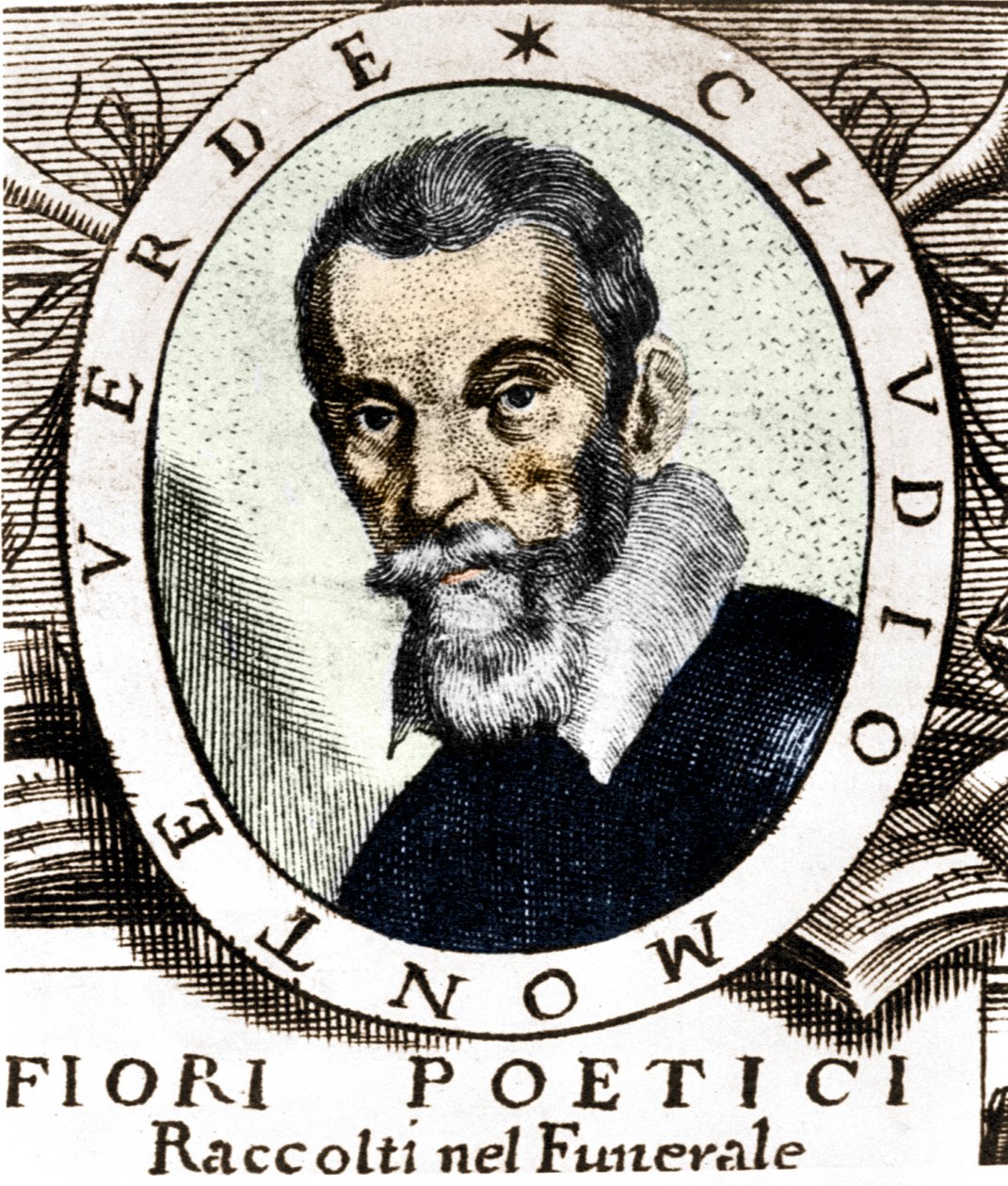 Retrato de Claudio Monteverdi después del frontispicio de Fiori poetici raccolti nel funerale del molto illustrious e molto reverendo Signor Claudio Monteverdi, publicado en Venecia en 1644. de Unknown artist