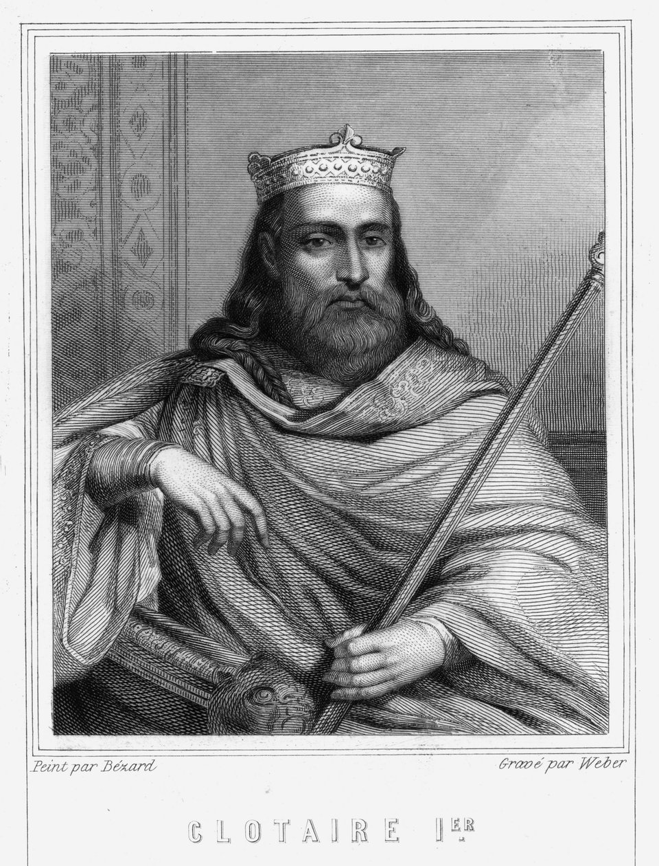 Retrato de Clotaire I (497 - 561), Rey de Neustria y Rey de los Francos - en “Histoire des Français” de Lavallée, grabado, sd. de Unknown artist