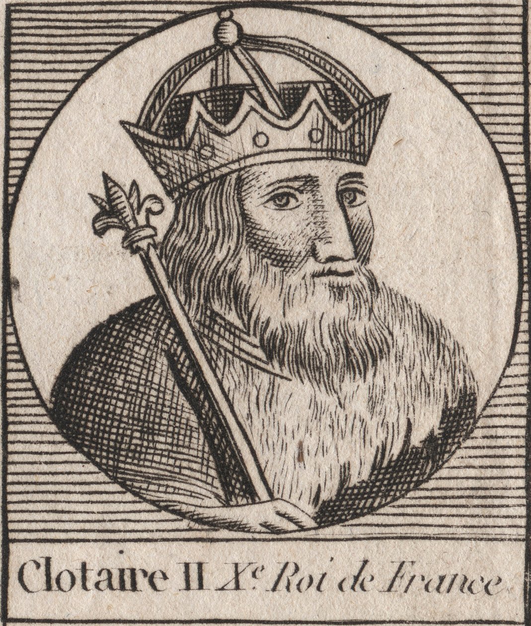 Retrato de Clotario II (584 - 628), Rey de Neustria y Rey de los Francos - Clotario II (d.629) Rey de los Francos - grabado de "Instrucción sobre la Historia de Francia" por Charles Constant Le Tellier 1821 de Unknown artist