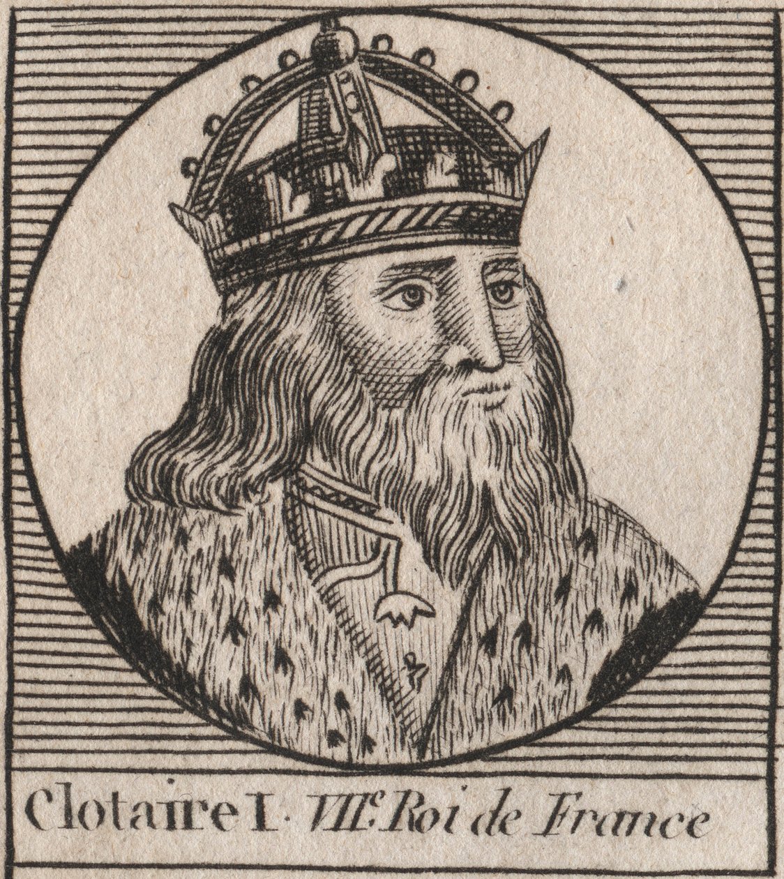 Retrato de Clotario I (497 - 561), Rey de Neustria y Rey de los Francos - grabado de “Instruction sur l
