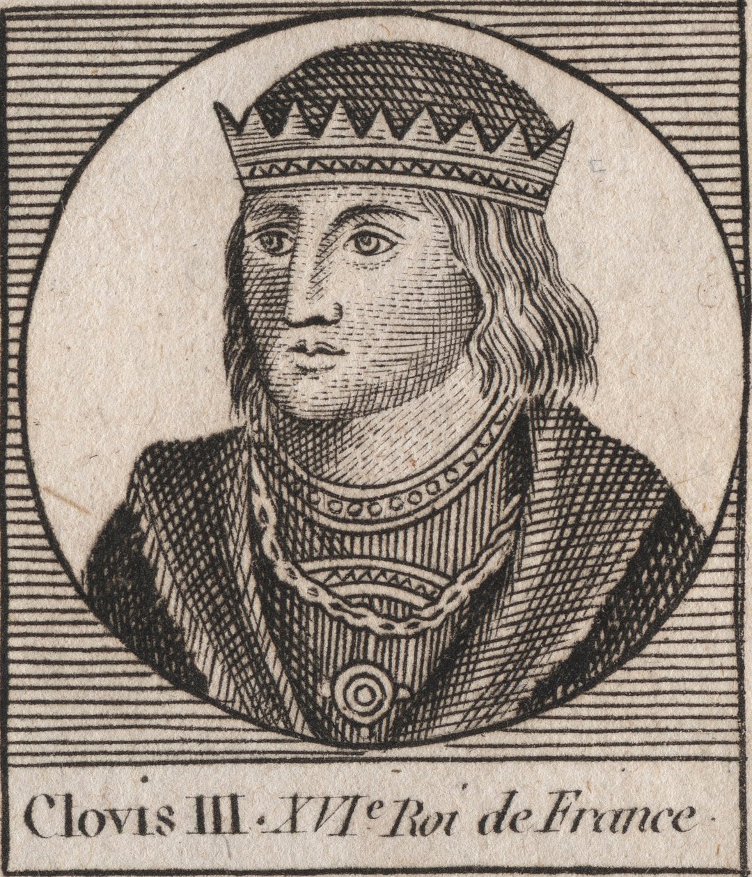 Retrato de Clodoveo III, Rey de los Francos de 691 a 695 - CLOVIS III rey merovingio de Neustria y Austrasia - grabado de "Instrucción sobre la Historia de Francia" por Charles Constant Le Tellier 1821 de Unknown artist