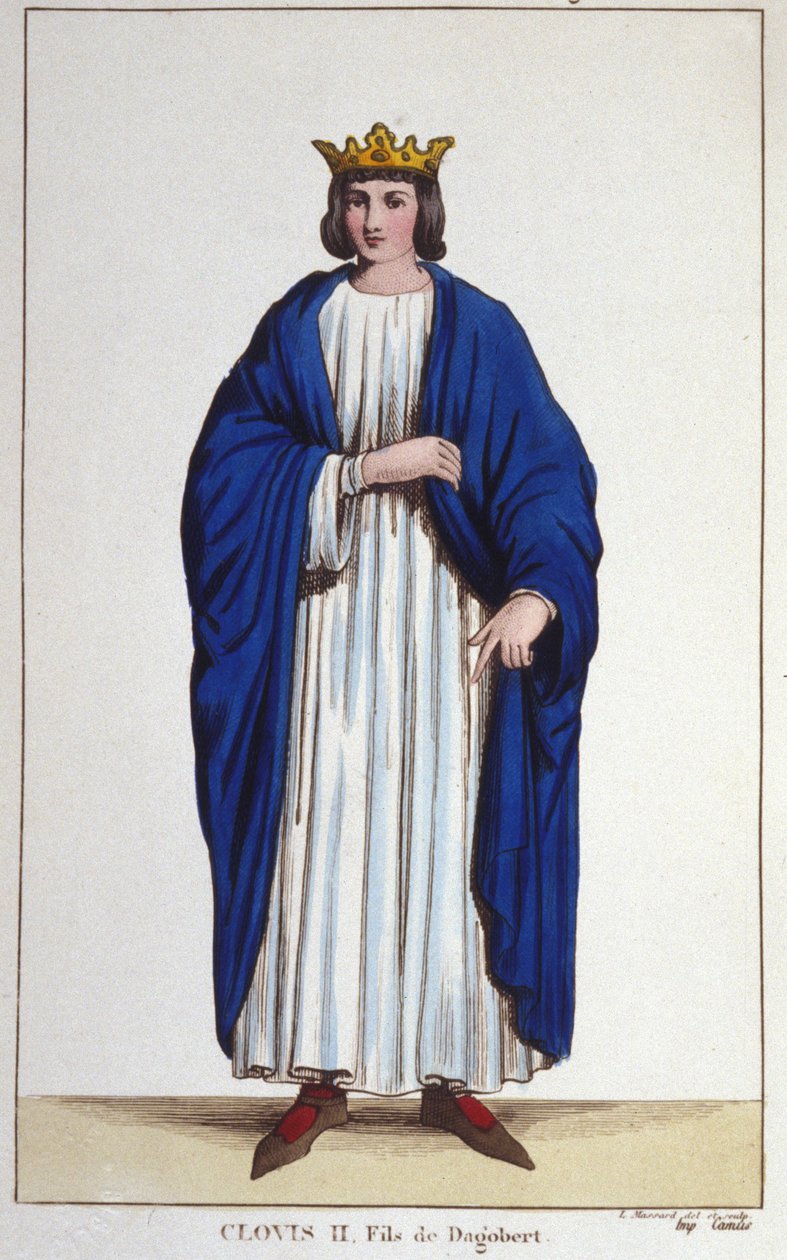 Retrato de Clodoveo II (? - 657), Rey de Neustria, Borgoña y Austrasia. Grabado de 1830 de Unknown artist