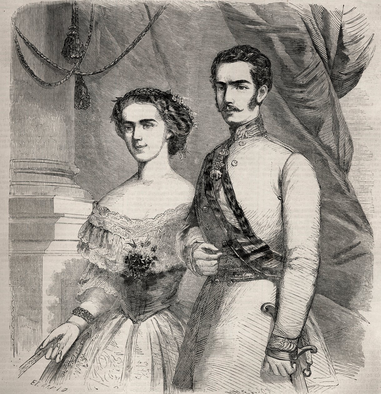 Retrato del emperador Francisco José I de Austria (1830-1916) y su esposa Isabel de Wittelsbach (1837-1898) (Sissi). Grabado en “Le Monde illustré” de 1857. Colección privada. de Unknown artist