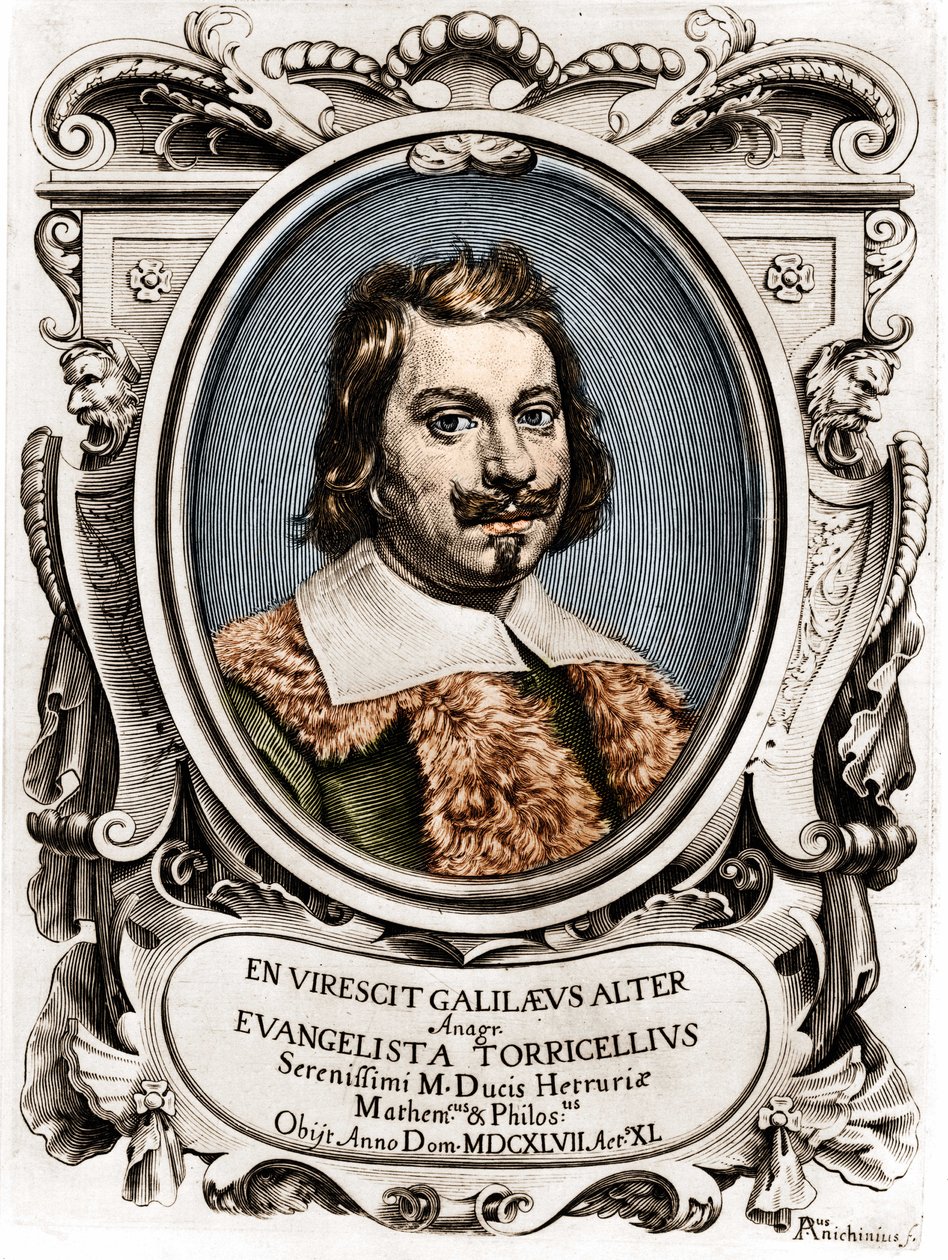 Retrato de Evangelista Torricelli o Toricelli (1608 - 1647), físico italiano. Grabado del siglo XVII de Unknown artist