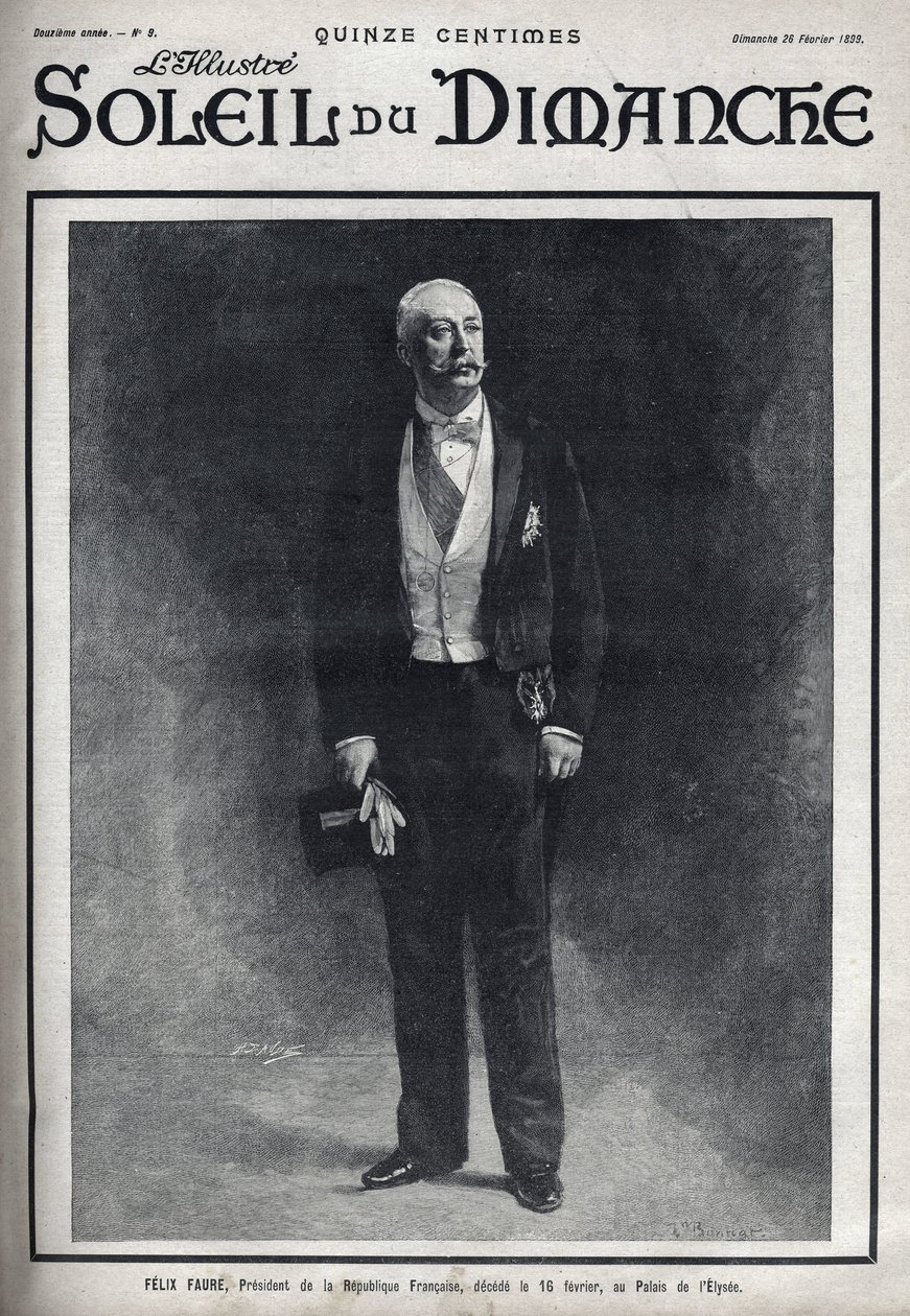 Retrato de Felix Faure (1841-1899), Presidente de la República Francesa publicado durante su muerte el 16 de febrero en el Palacio del Elíseo. Grabado en “Le sun-du-dimanche”, 28 de febrero de Unknown artist