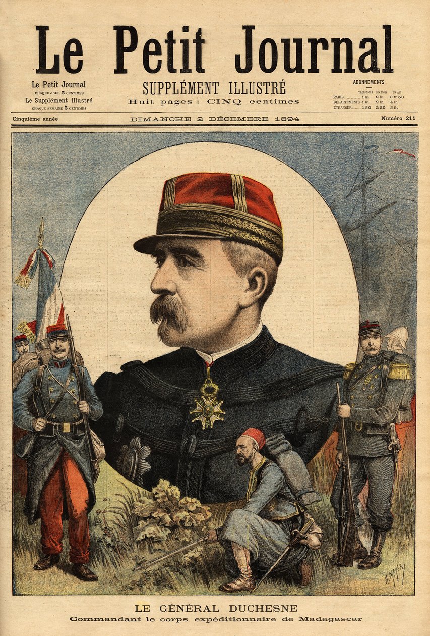 Retrato del General Jacques Charles Duchesne (1837-1918), comandante de las fuerzas armadas enviadas a Madagascar en 1894, tomó Tananarive. Grabado en “Le petit journal” 3/12/1894. Colección de Selva. de Unknown artist