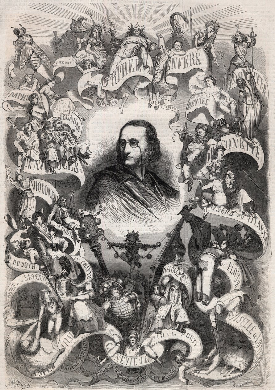 Retrato de Jacques Offenbach, compositor y director francés del teatro des Bouffes Parisiens, rodeado por personajes de sus obras - Grabado en “Le Monde Illustré” de Unknown artist