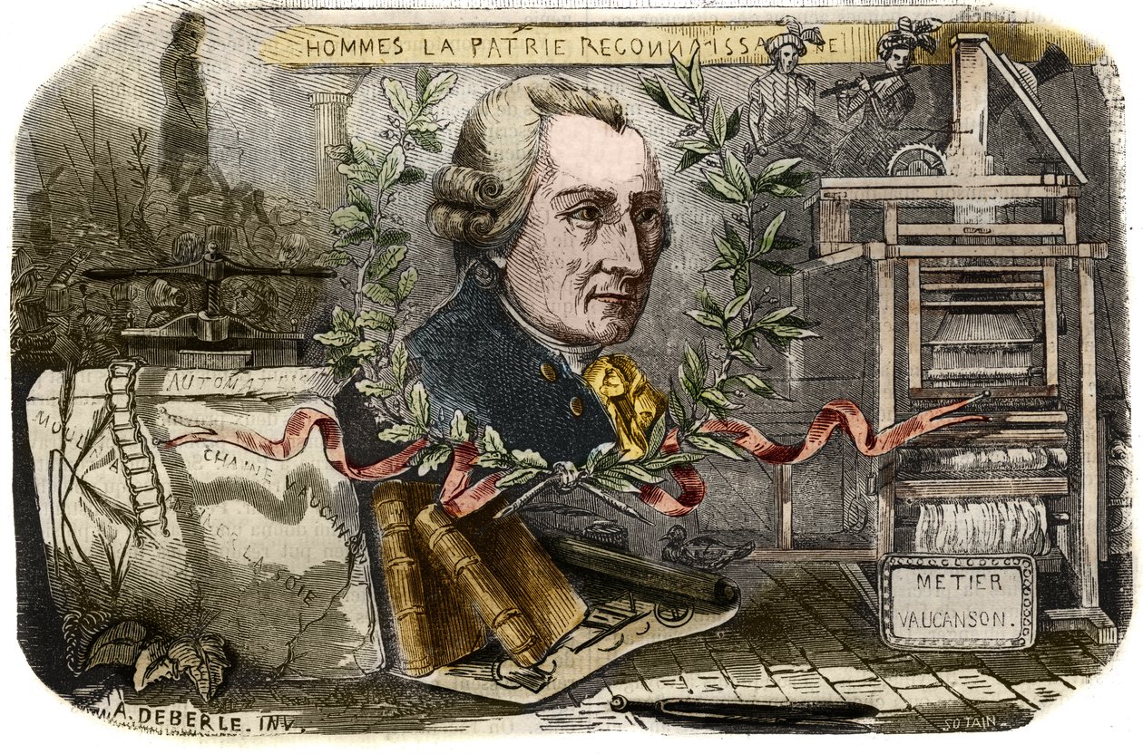 Retrato de Jacques de Vaucanson (1709-1782), mecánico e inventor francés de autómatas. Grabado de 1857 en "Le Musee Des Sciences" de Unknown artist