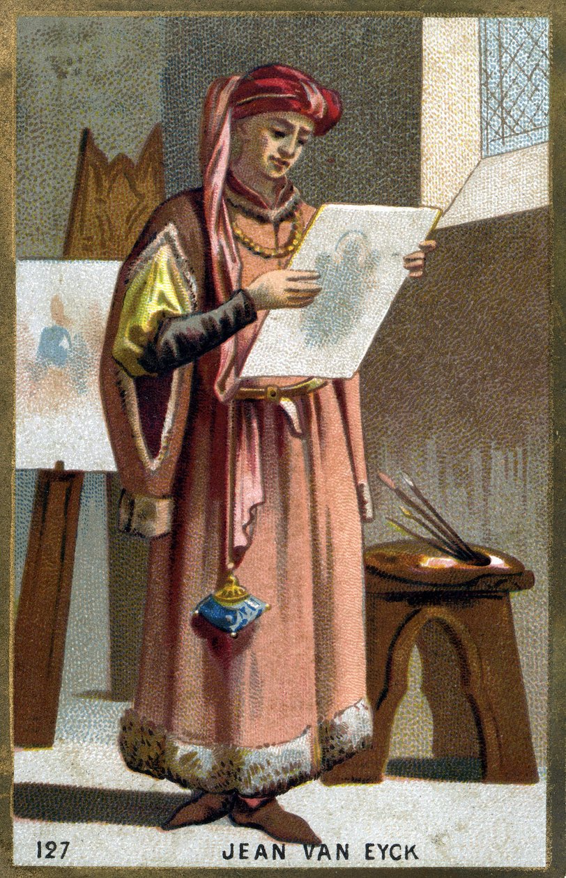 Retrato de Jan Van Eyck (1390 -1441) pintor flamenco - tocado de liripipión. Cromolitografía del siglo XIX de Unknown artist