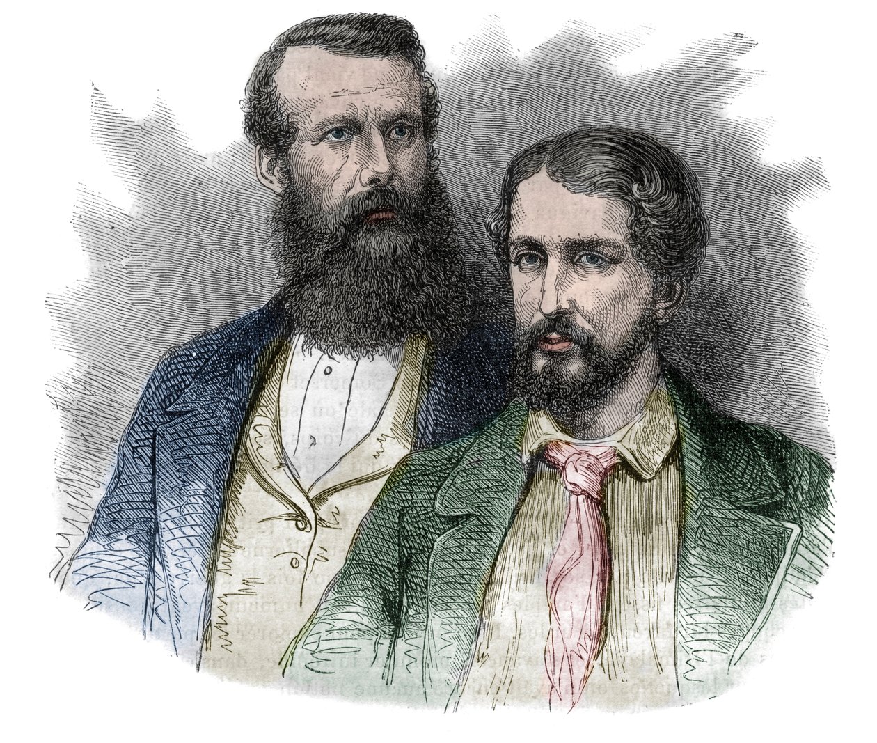 Retrato de John Hanning Speke, explorador británico, y James Augustus Grant, soldado y explorador británico. Juntos exploraron las fuentes del río Nilo - grabado de “The picturesque history of great voyages in the nineteenth century”. 1877 de Unknown artist