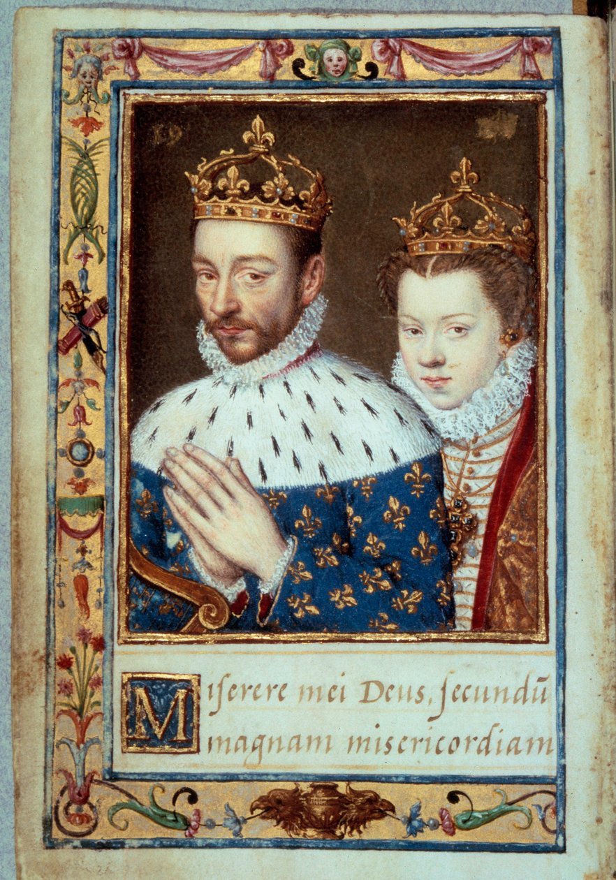 Retrato del Rey Carlos IX (1550-1574) y Isabel de Austria (1554-1592) Reina de Francia. Página del manuscrito del “Libro de Horas de Catalina de Médicis” (Caterina de Medici) siglo XVI. París, B.N. de Unknown artist