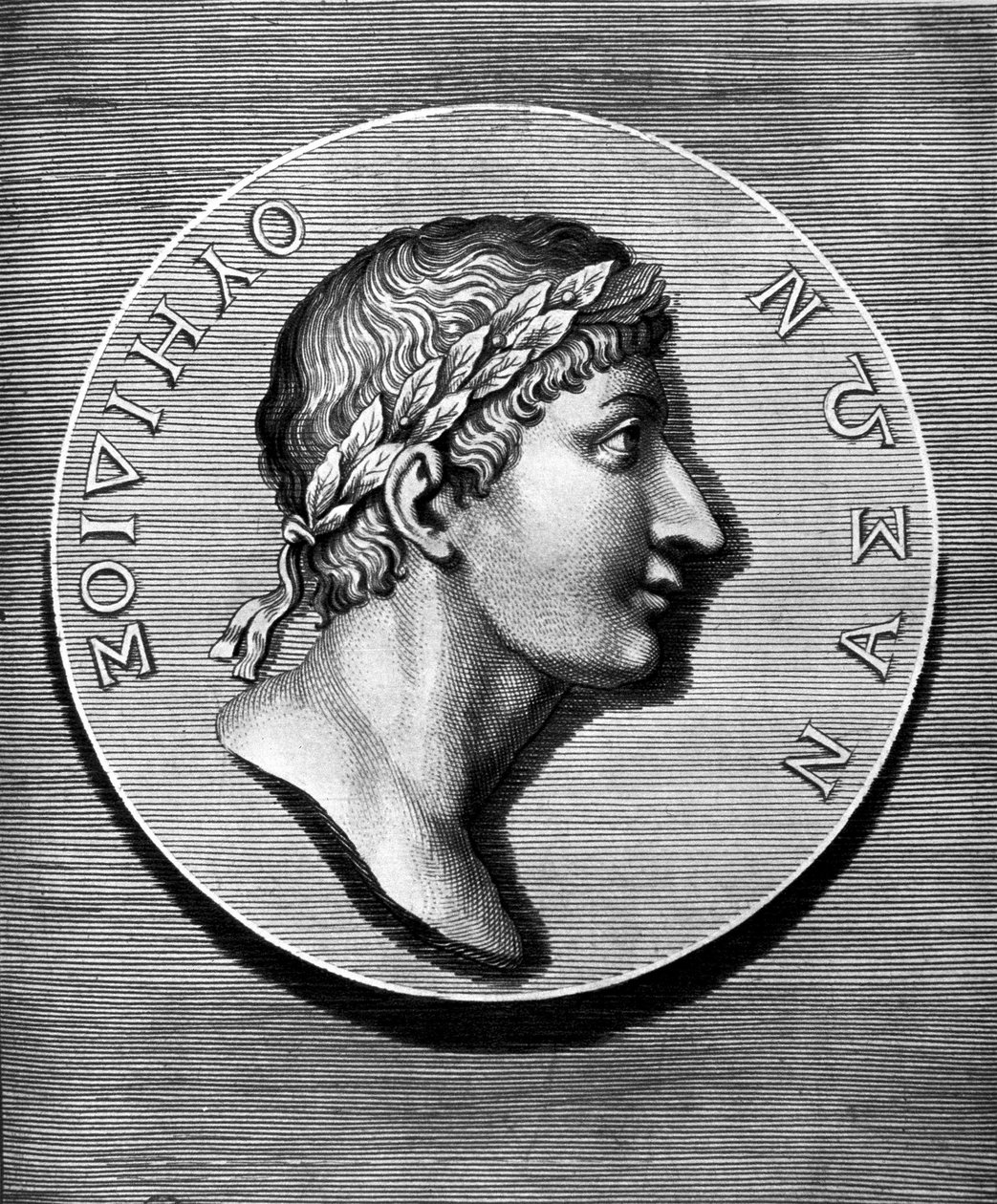 Retrato de Ovidio en medallón. Grabado del siglo XIX. Coll Maciet, Bibliothèque des Arts décoratifs, París. de Unknown artist