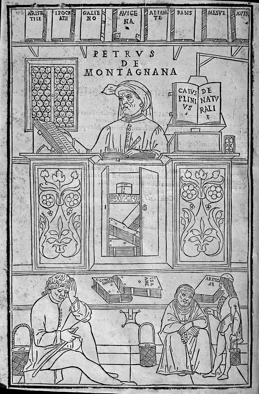 Retrato de Pietro da Montagnana, un maestro médico paduano rodeado de libros médicos griegos y árabes, y tres pacientes esperando para que les examinen la orina. de Unknown artist