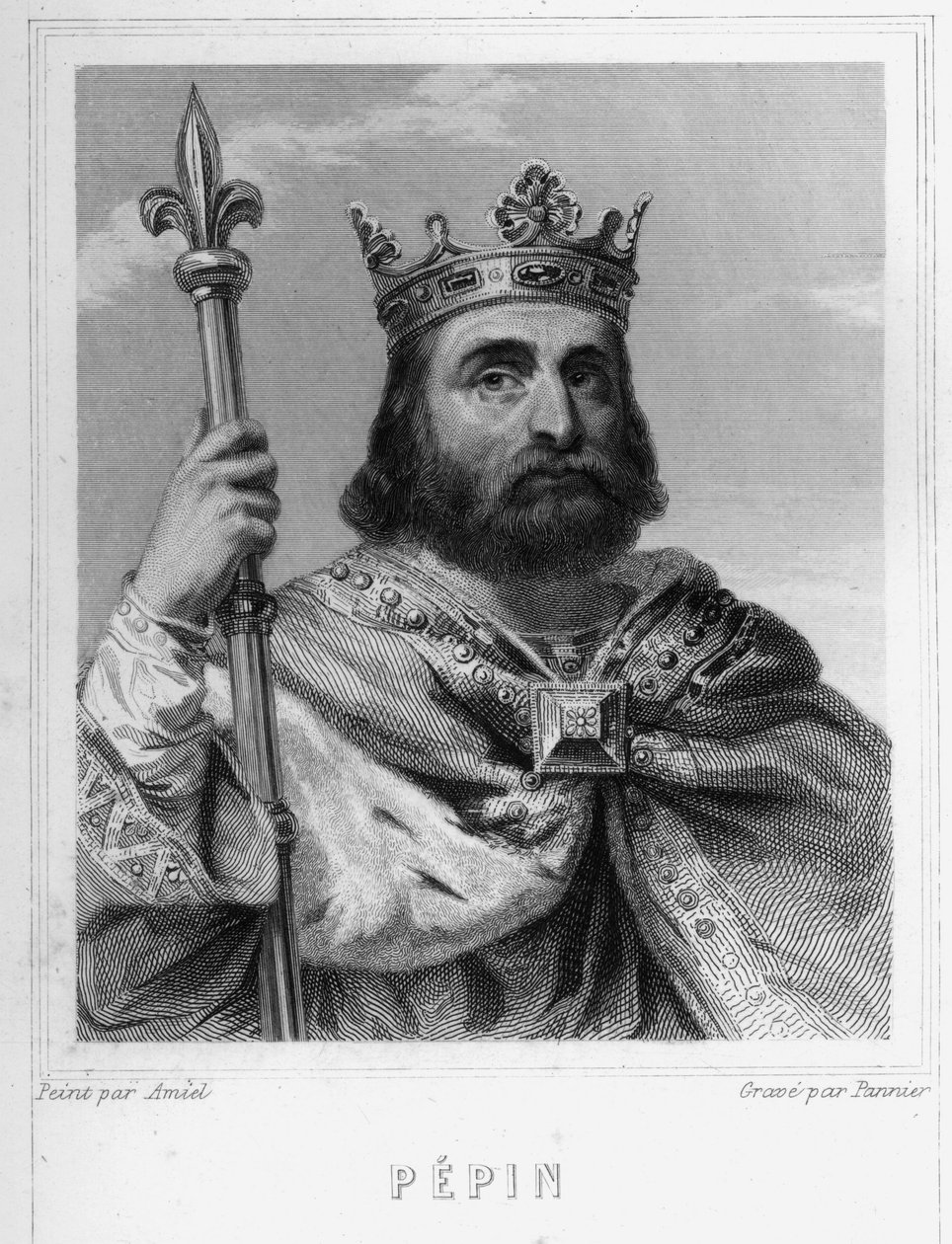 Retrato de Pipino el Breve (v. 714 - 768), Rey de los Francos, primero de los Carolingios - en “Histoire des Français” de Lavallée, grabado, sd de Unknown artist