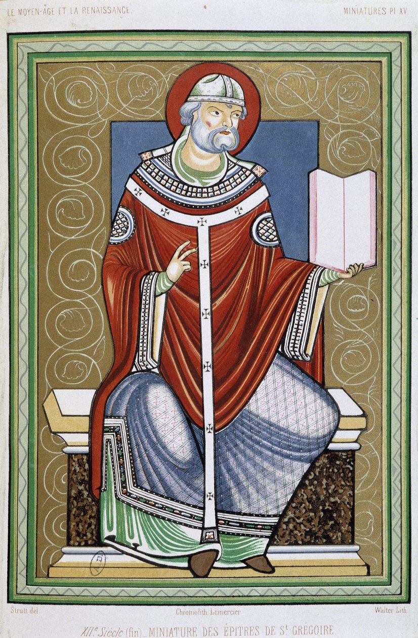 Retrato de San Gregorio, cromo del siglo XIX de una miniatura de las Epístolas de San Gregorio de Unknown artist
