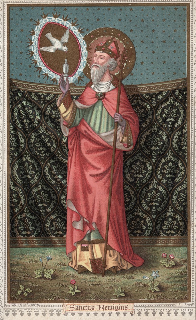 Retrato de San Remigio (437-533) visitado por la paloma del Espíritu Santo. Cromolitografía de finales del siglo XIX de Unknown artist