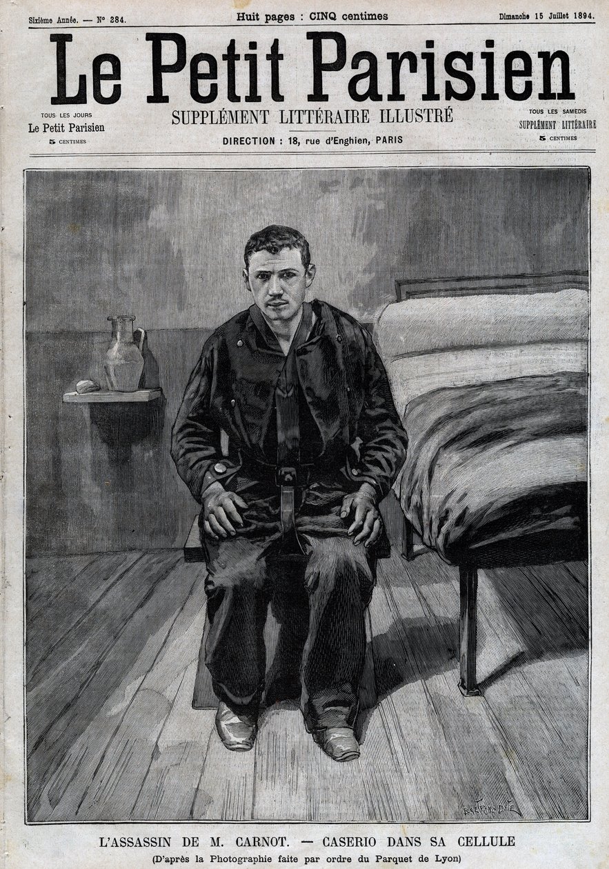 Retrato de Sante Caserio (1873-1894) anarquista italiano, asesino de Sadi Carnot, en prisión. Grabado en 