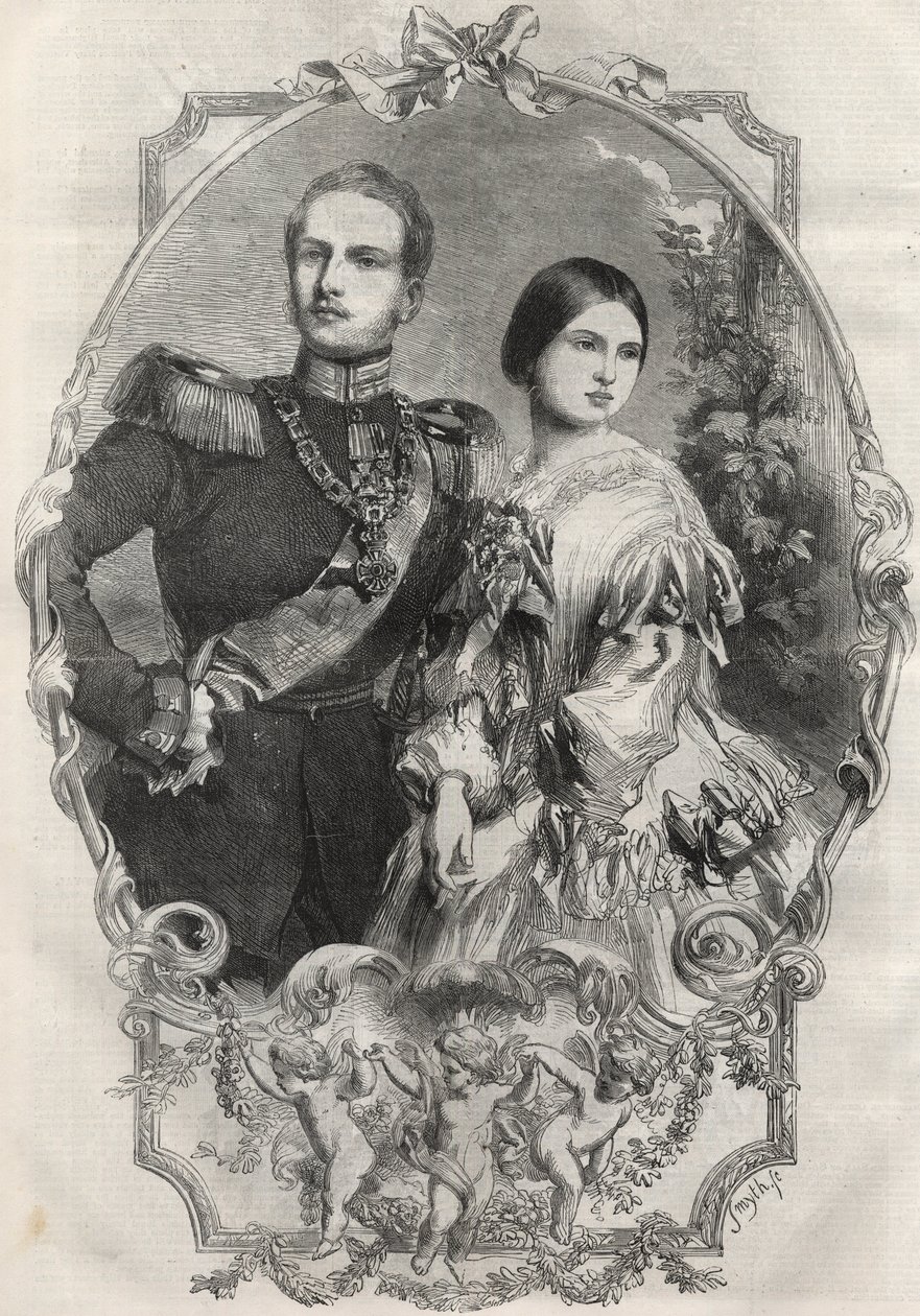 Retrato de Sus Altezas Reales la Princesa Victoria (1840-1901) (Reina Victoria) y el Príncipe Heredero Federico Guillermo de Prusia (1831-1888). Grabado de 1858. de Unknown artist
