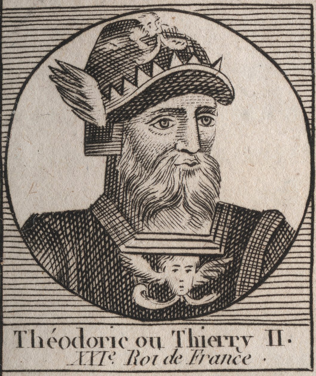 Retrato de Thierry II (587-613) Rey de los Francos de Austrasia y Borgoña de 595 a 613 - THIERRY II (Teuderico II) rey de Borgoña y Austrasia - grabado de Instruction sur l