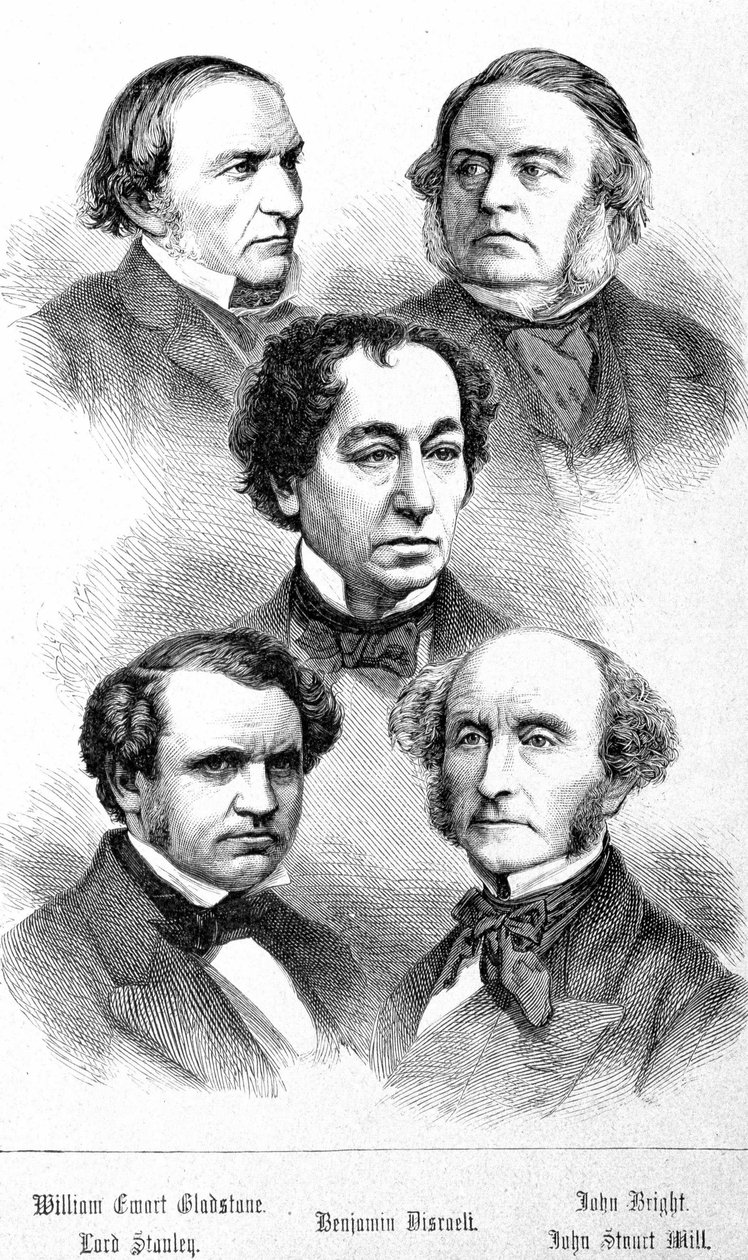 Retrato de William Ewart Gladstone, John Bright, Lord Stanley, John Stuart Mill y Benjamin Disraeli - en “Los Contemporáneos” de Unknown artist