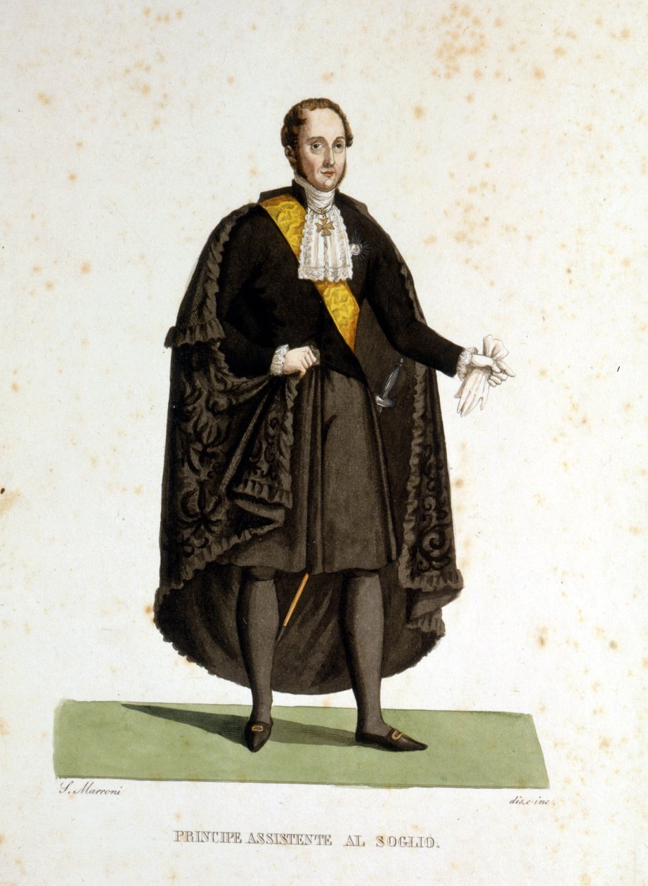 Retrato de un asistente príncipe de la Santa Sede que sirvió durante ceremonias y visitas. Grabado del siglo XIX. de Unknown artist