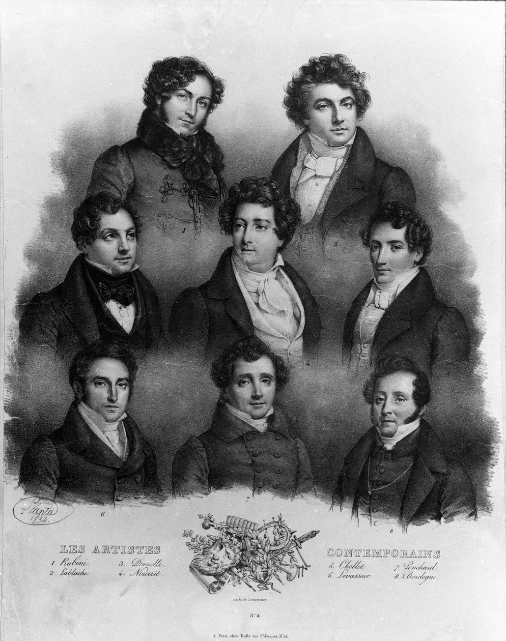 Retrato de diferentes cantantes de ópera: 1 Giovanni Battista Rubini (1794-1854) 2 Luigi Lablache (1794-1858) 3 Domenico Donzelli (1790-1873) 4 Adolphe Nourrit (1802-1839) 5 Choblet; 6 Nicolas prosper Levasseur (Le Vasseur) (1791-1871) 7 Louis Antoine Ponc de Unknown artist