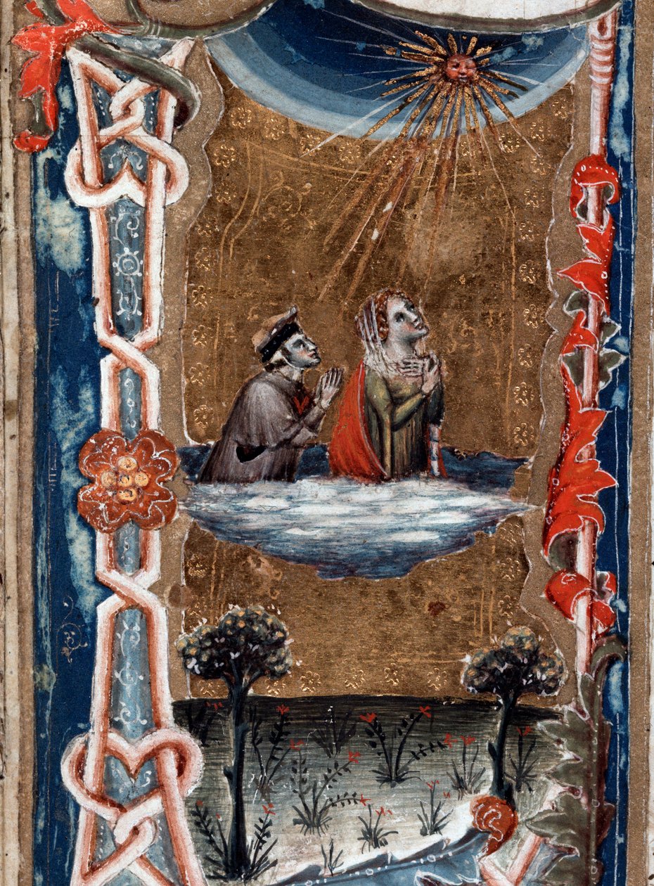 Retrato del poeta italiano Dante Alighieri con Beatriz, en la Divina Comedia - miniatura de Unknown artist