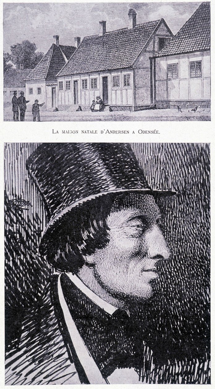 Retrato del escritor danés Hans Andersen (1805 - 1875) y su casa en Odense, Dinamarca, circa 1832. de Unknown artist
