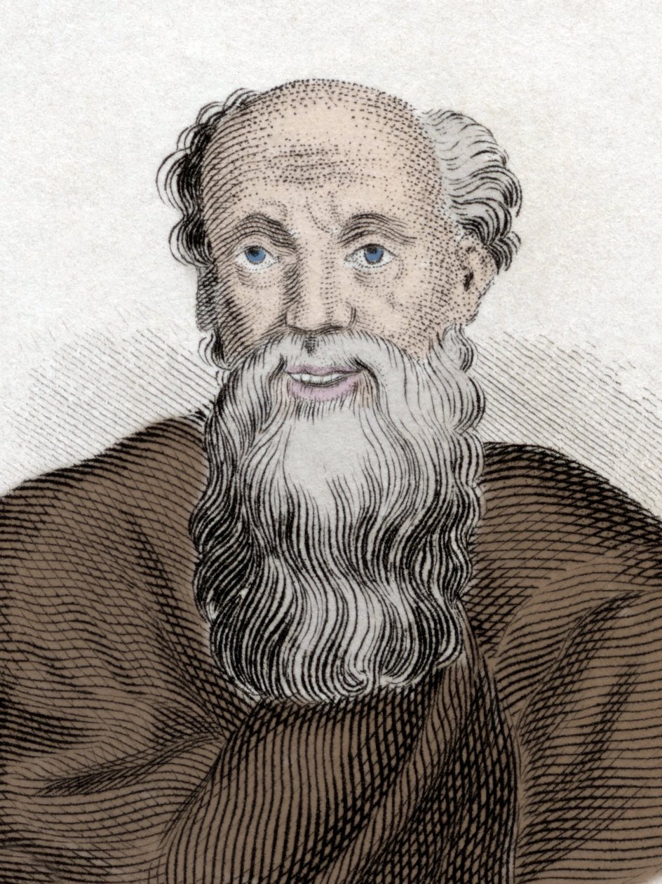 Retrato del filósofo griego Demócrito (460-370 a.C.), Demócrito de Abdera. Grabado del siglo XIX de Unknown artist