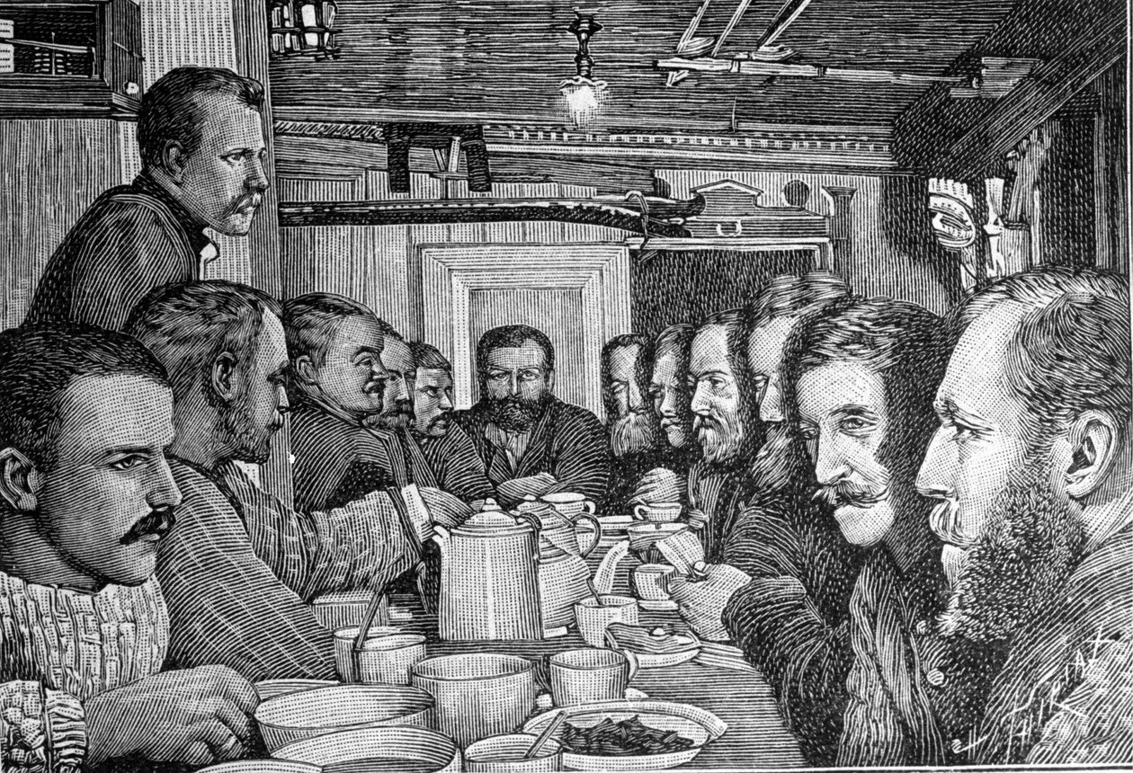 Retrato del explorador noruego Fridtjof Nansen (1861-1930), científico y diplomático, anunciando su plan para acercarse al Polo Norte a la tripulación del barco Fram alrededor de 1897. Grabado de Unknown artist